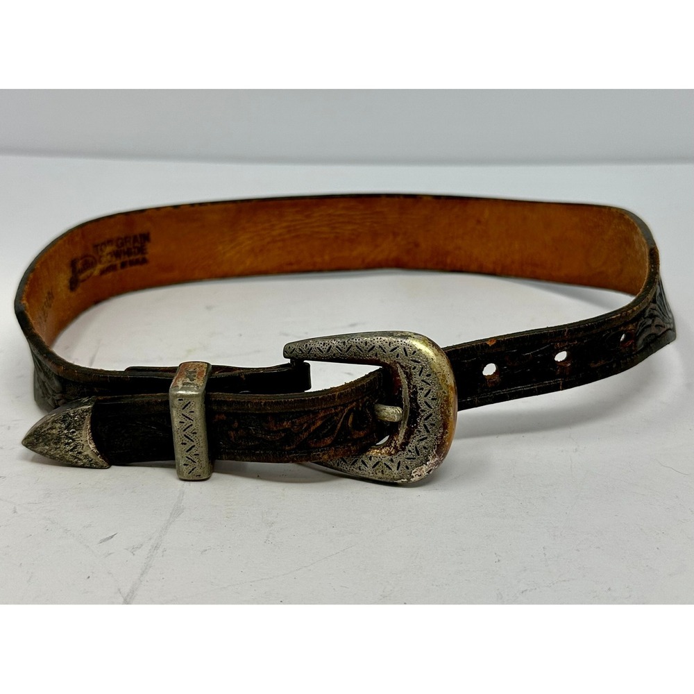 Justin Vintage‎ Kids Western Belt Black Floral Tooled Leather Made in USA